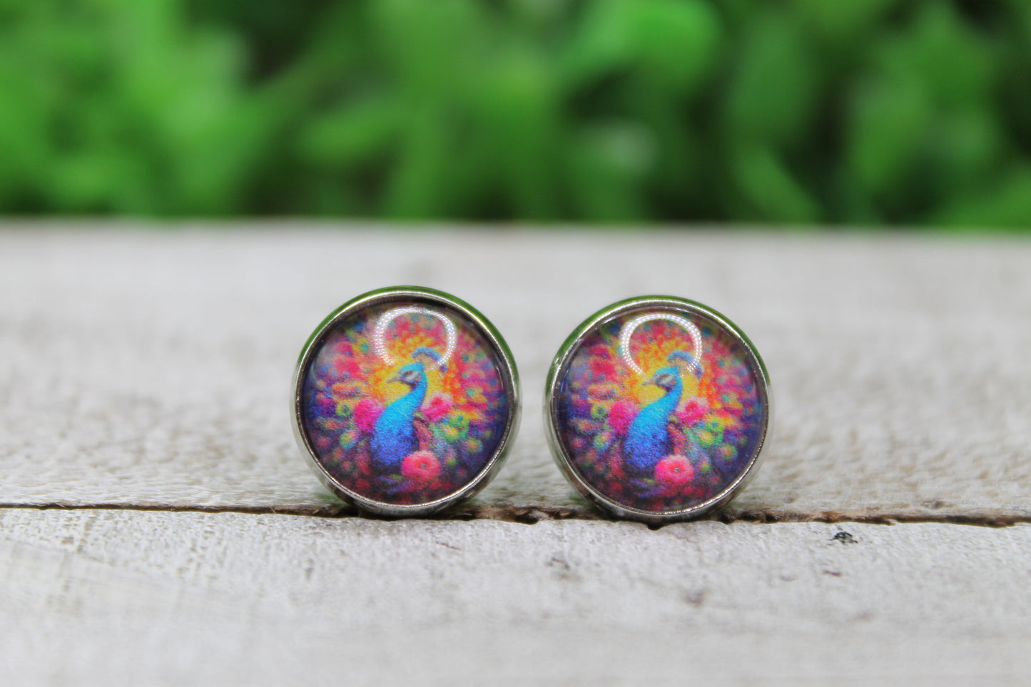Beautiful Peacock Glass Stud Earrings