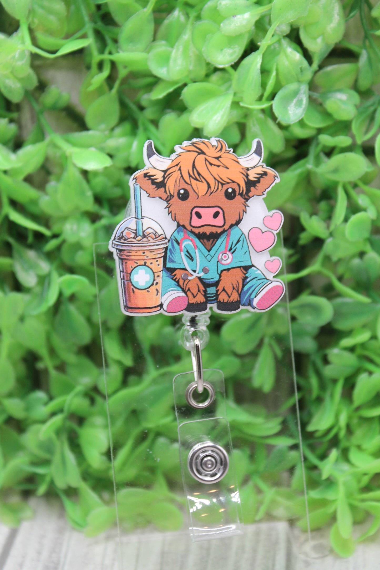 Nurse CNA Doctor Cow with Coffee Heart Badge/ID Holder Reel
