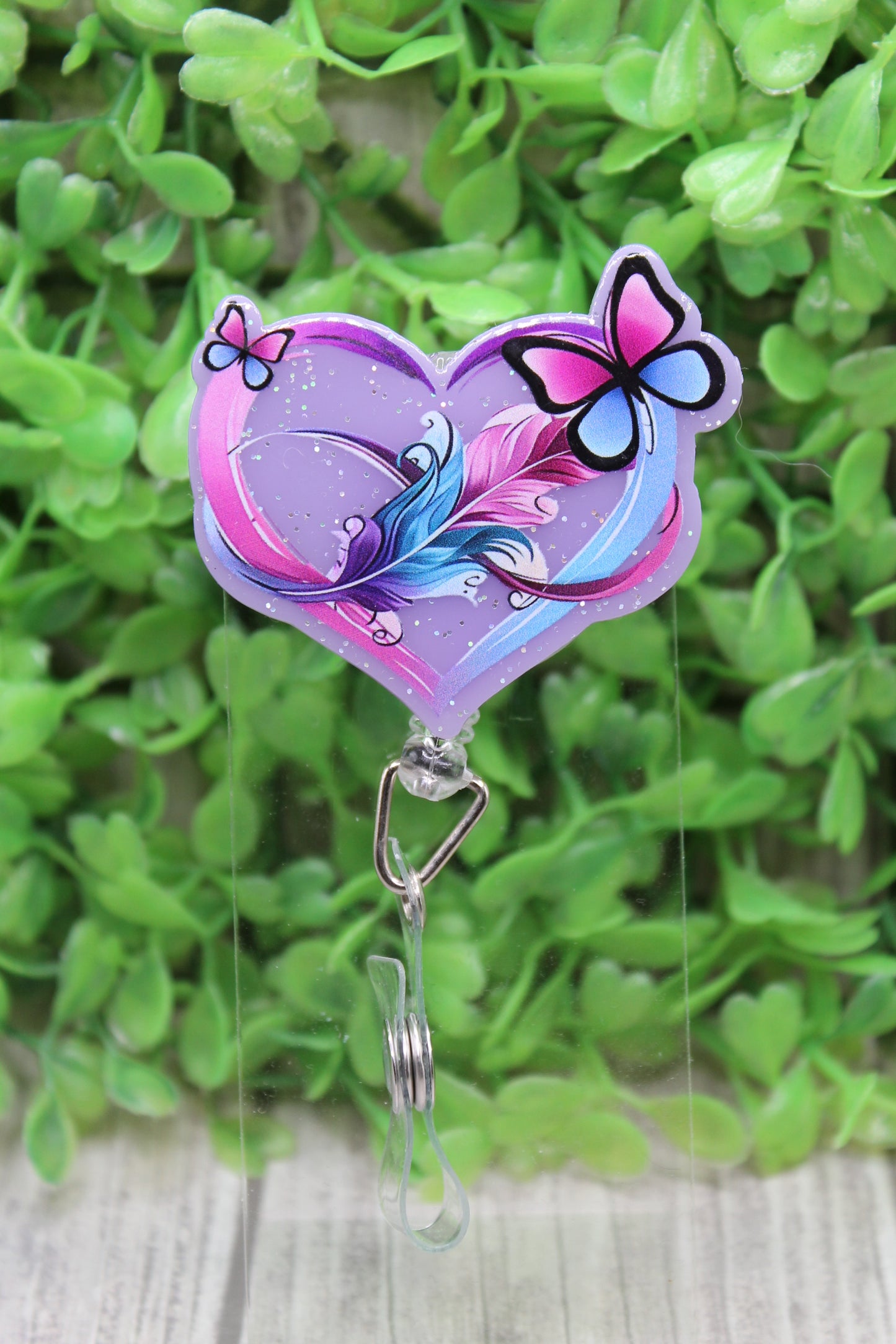 Purple & Teal Feather Butterfly Heart Suicide Awareness Badge/ID Holder Reel