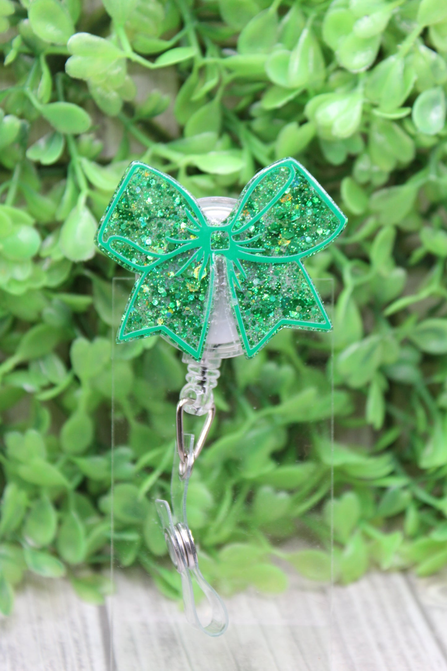 Green Glitter St. Patrick's Day Bow Badge/ID Holder Reel