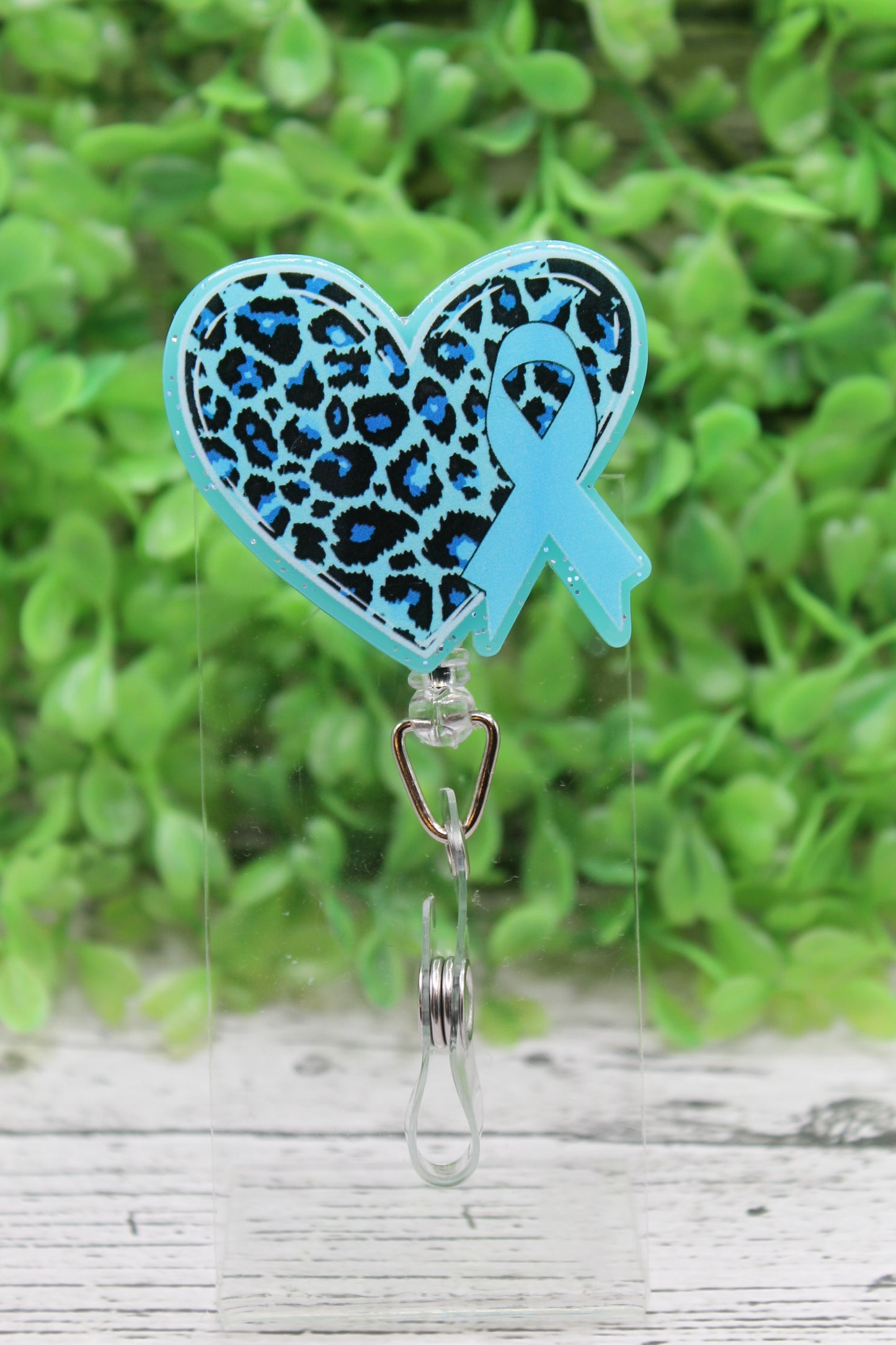 Lt Blue Leopard Heart & Awareness Ribbon Badge Reel