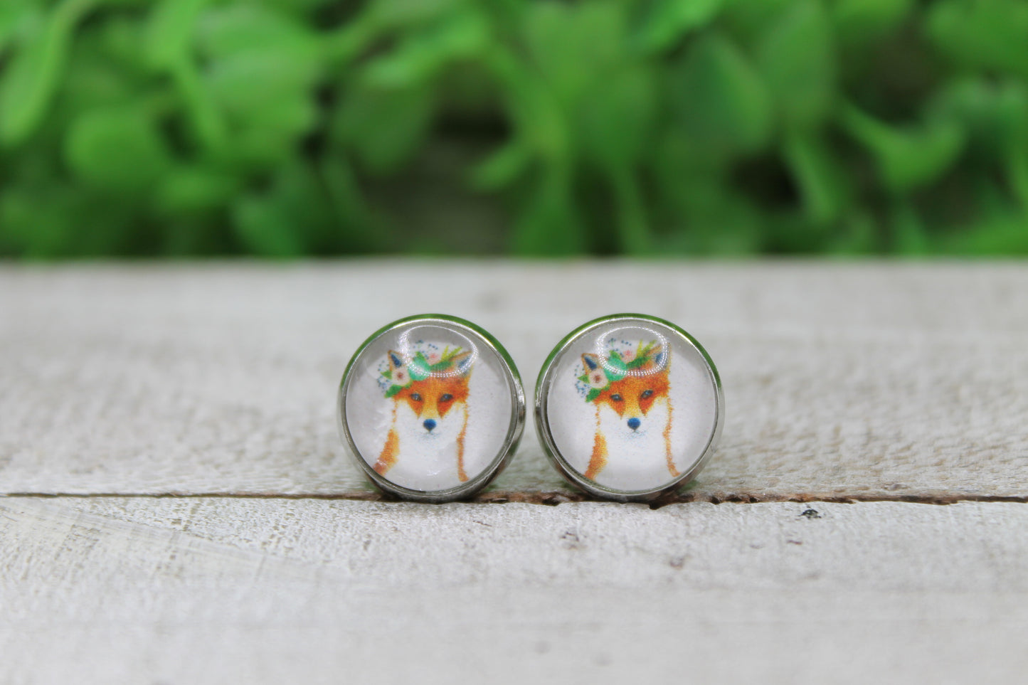 Floral Crown Fox Stud Earrings