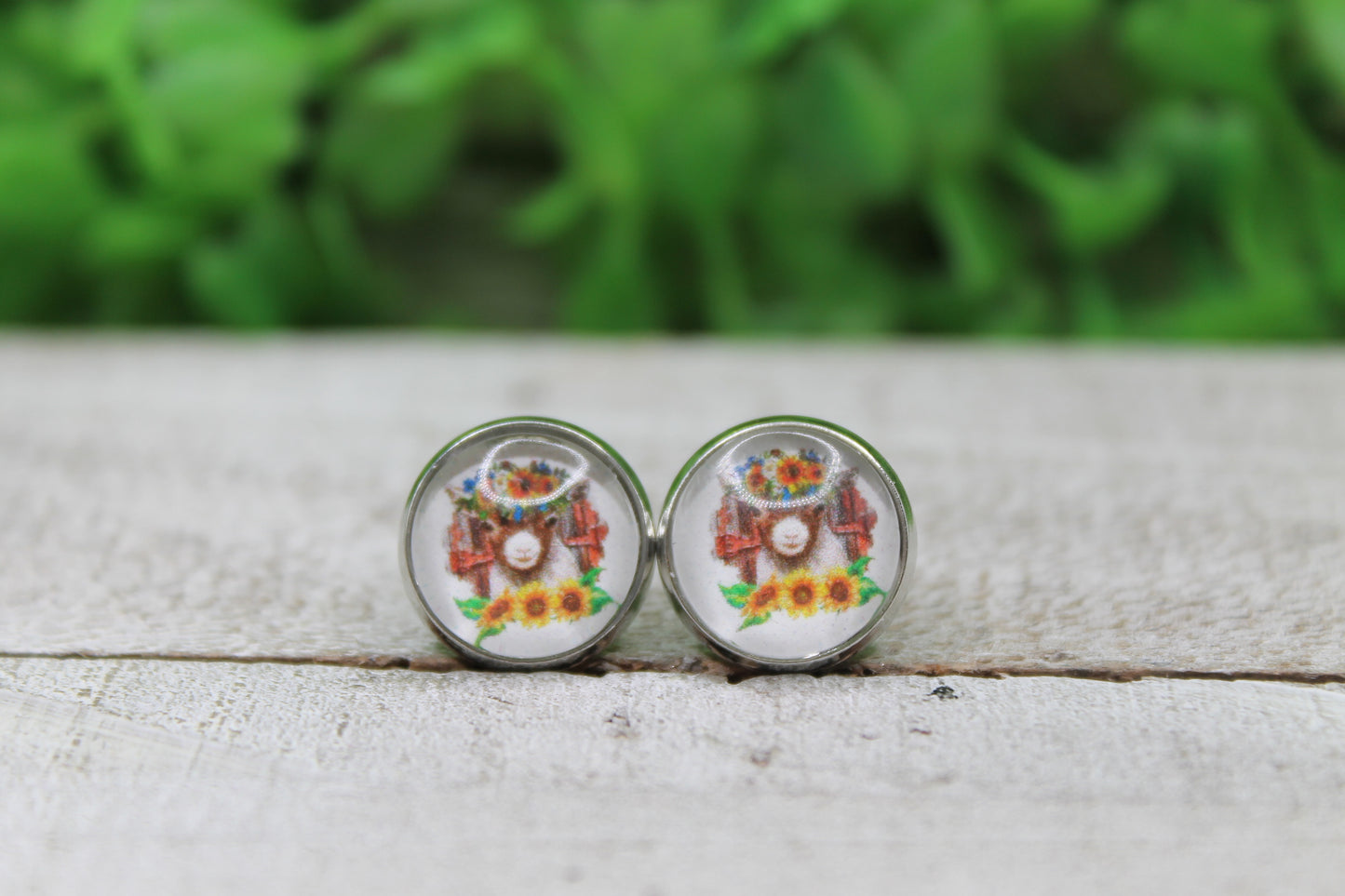 Goat and Sunflowers Stud Earrings
