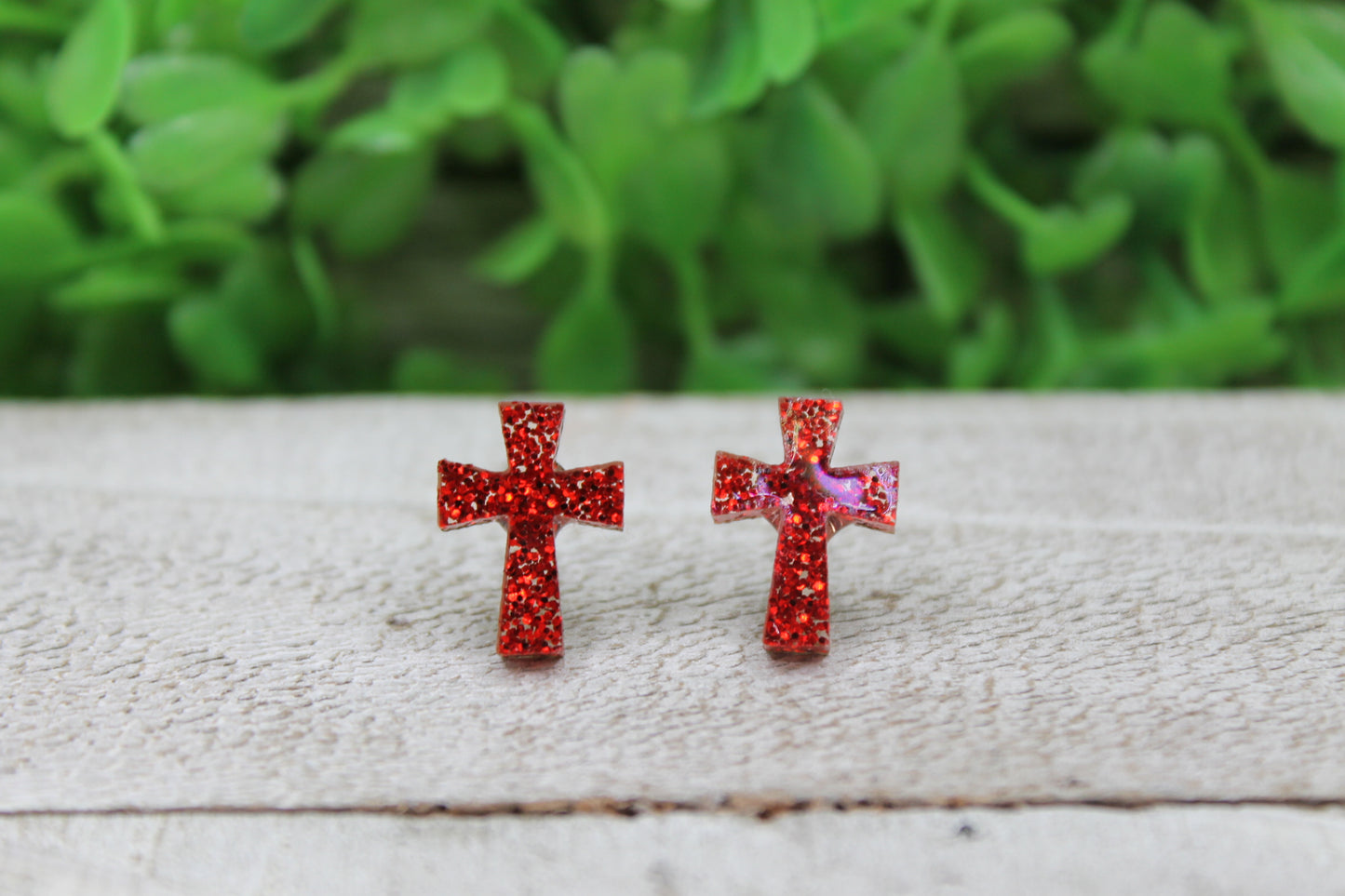 Red Glitter Cross Stud Earrings