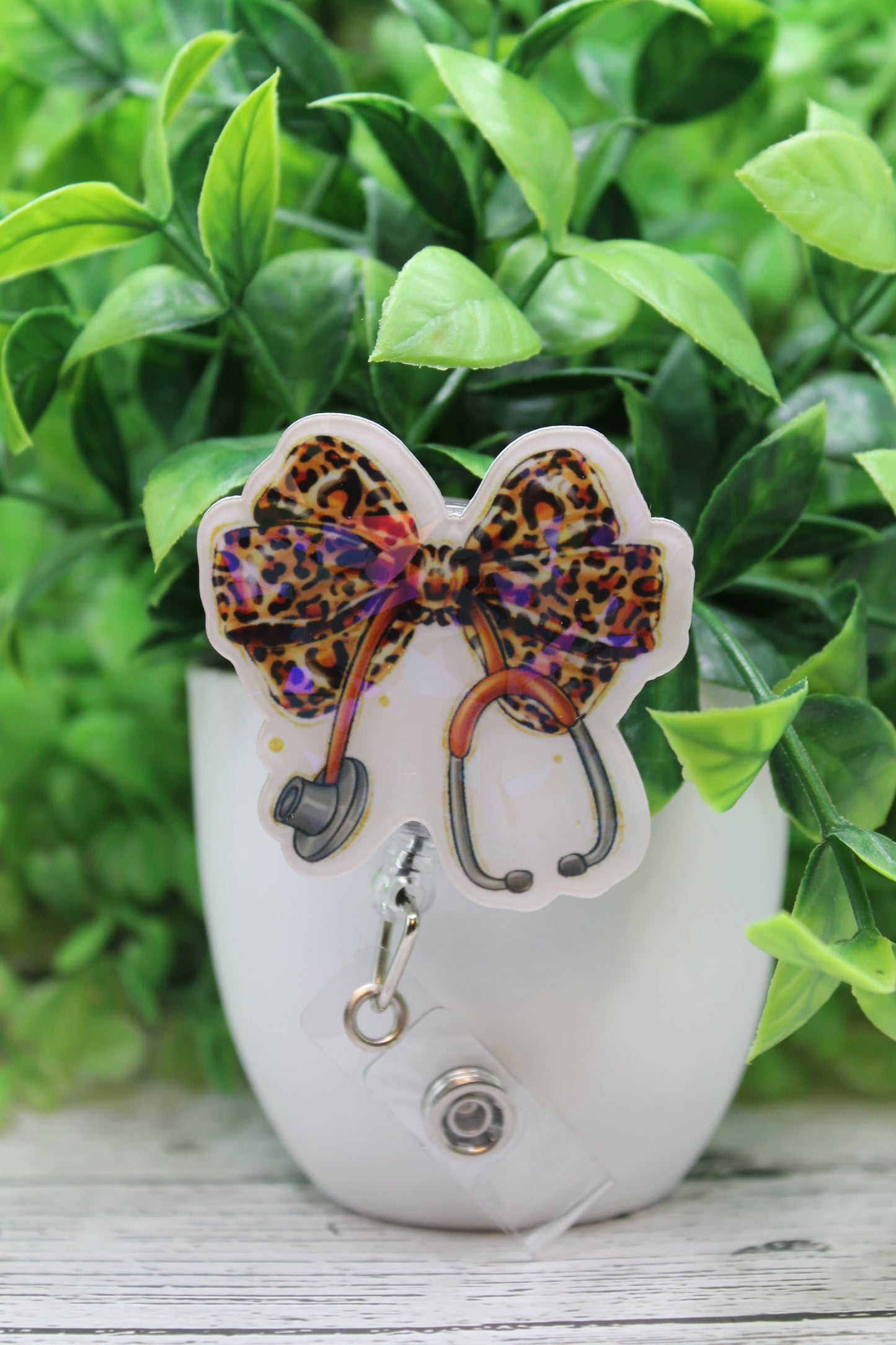 Leopard Bow Stethoscope Holographic Badge Reel