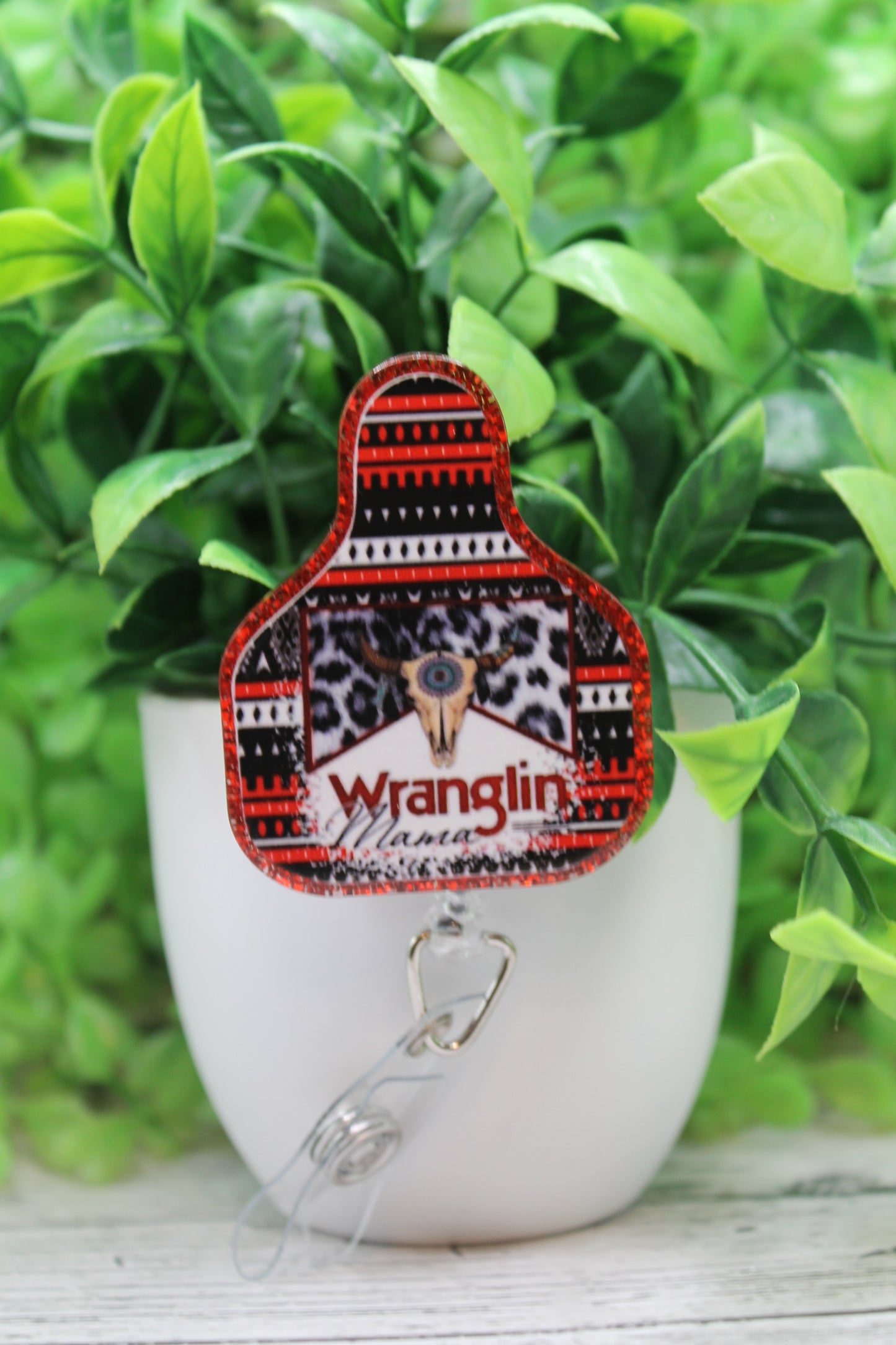 Wrangin' Mama Cow Tag Badge Reel
