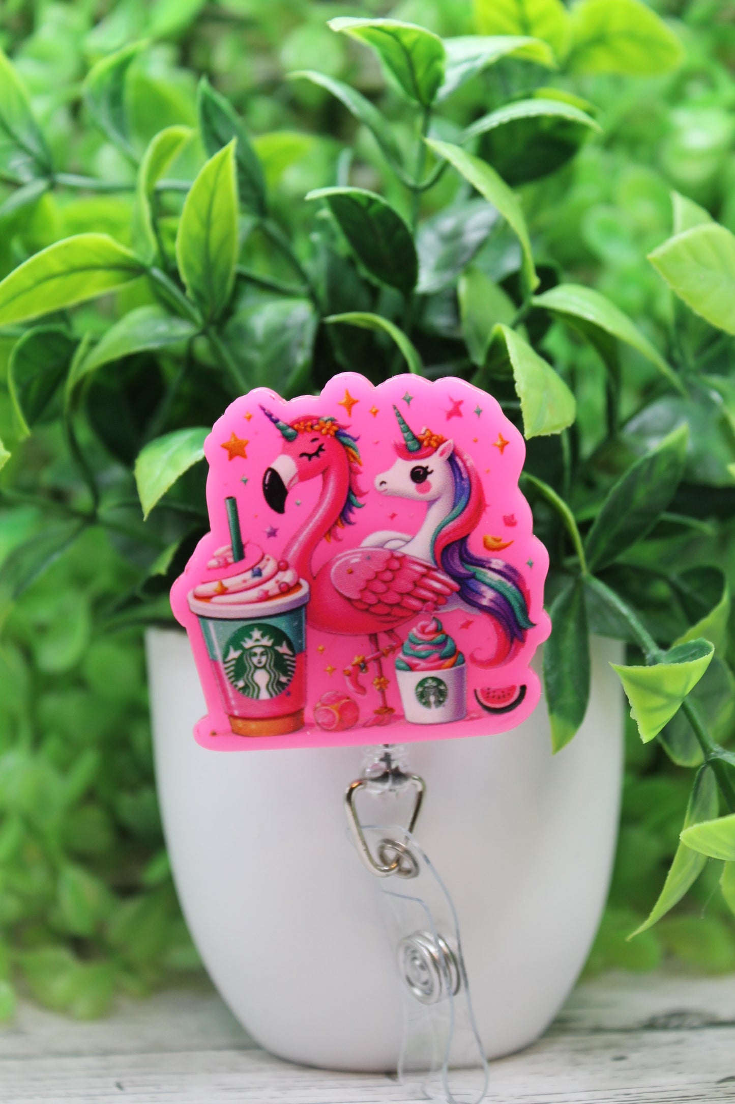Pink Flamingo Unicorn SB Coffee Badge Reel