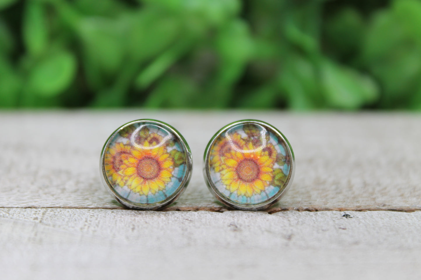 Stained Glass Sunflowers Glass Stud Earrings