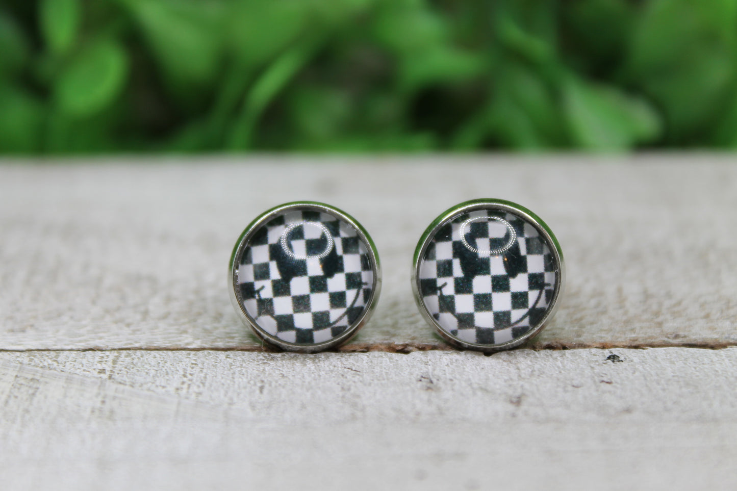 Checkered Smiley Glass Stud Earrings