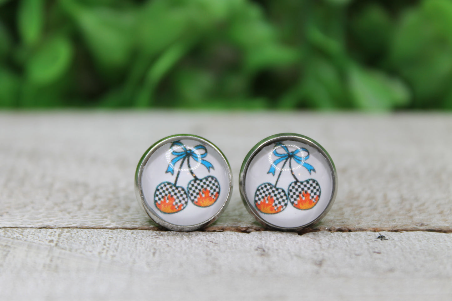 Checkered Fire Cherries with Bow Glass Stud Earrings