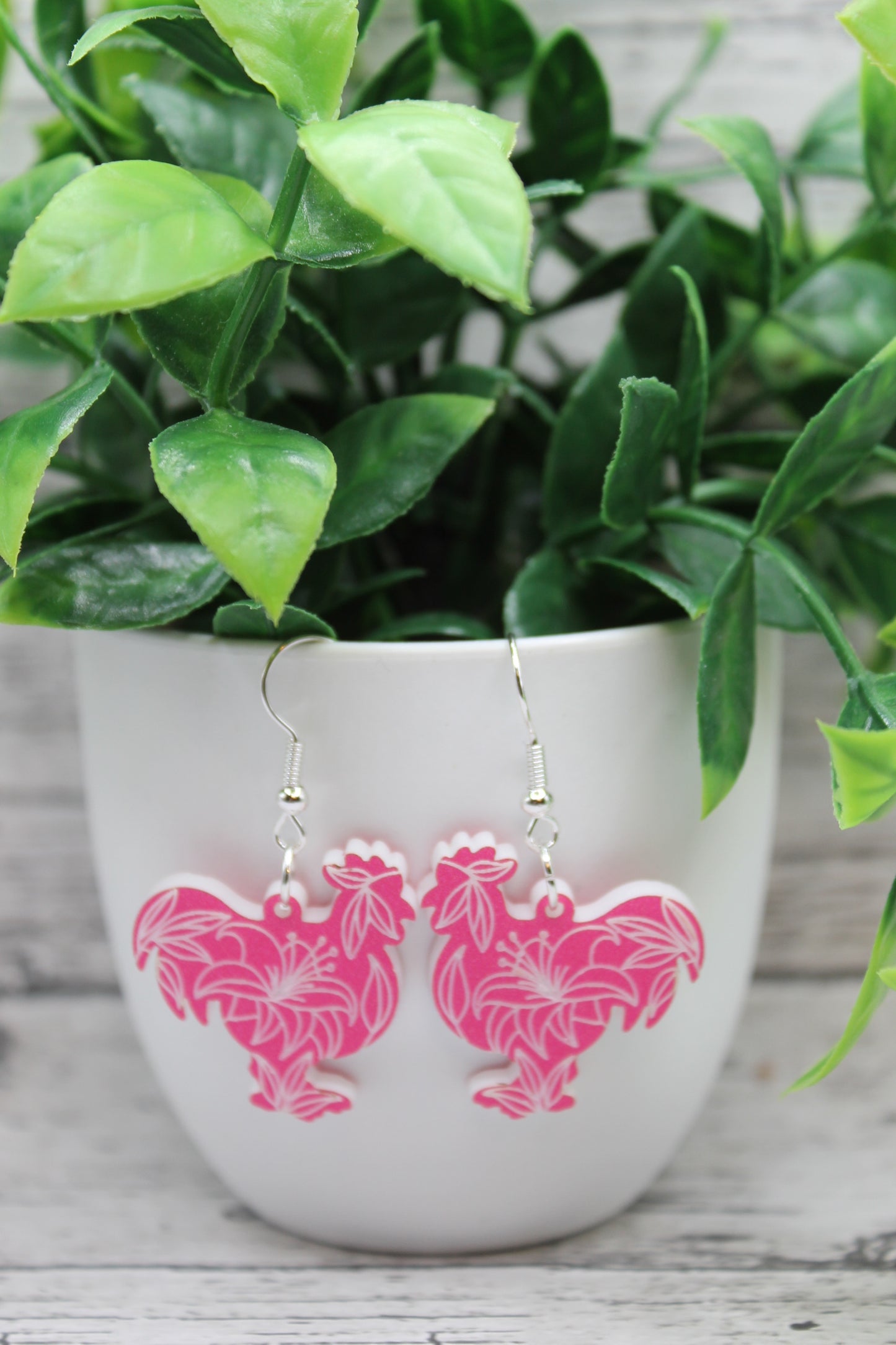 Pink Lily Rooster Dangle Earrings