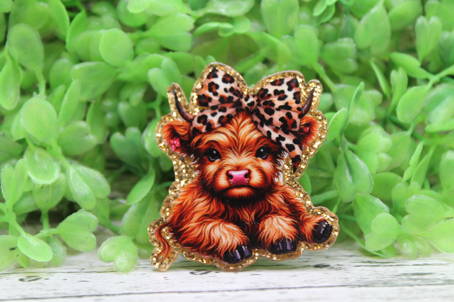 Leopard Bow Highland Cow Badge Reel