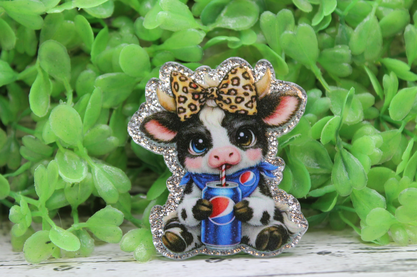 Leopard Bow Cow with Pepsi Badge Reel