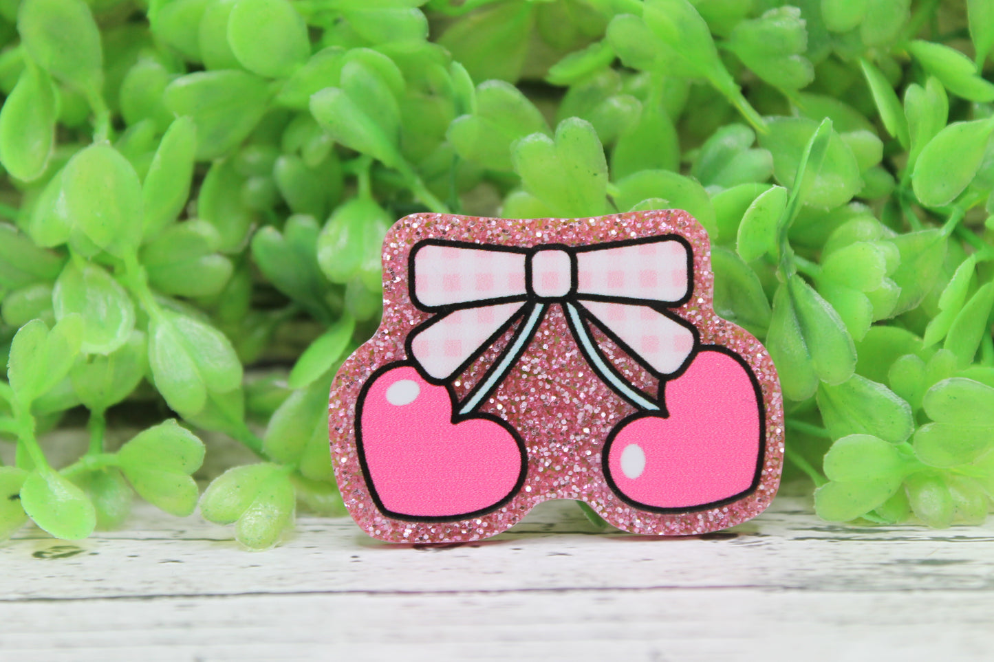Pink Cherries with Bow on Glitter Badge Reel