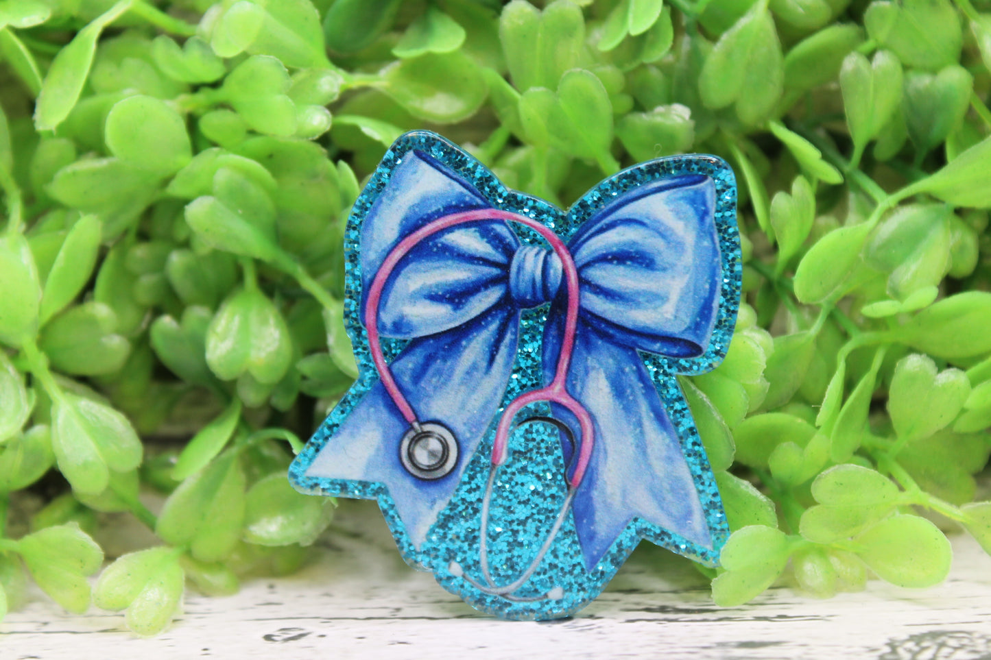 Blue Bow with Pink Stethoscope Badge Reel