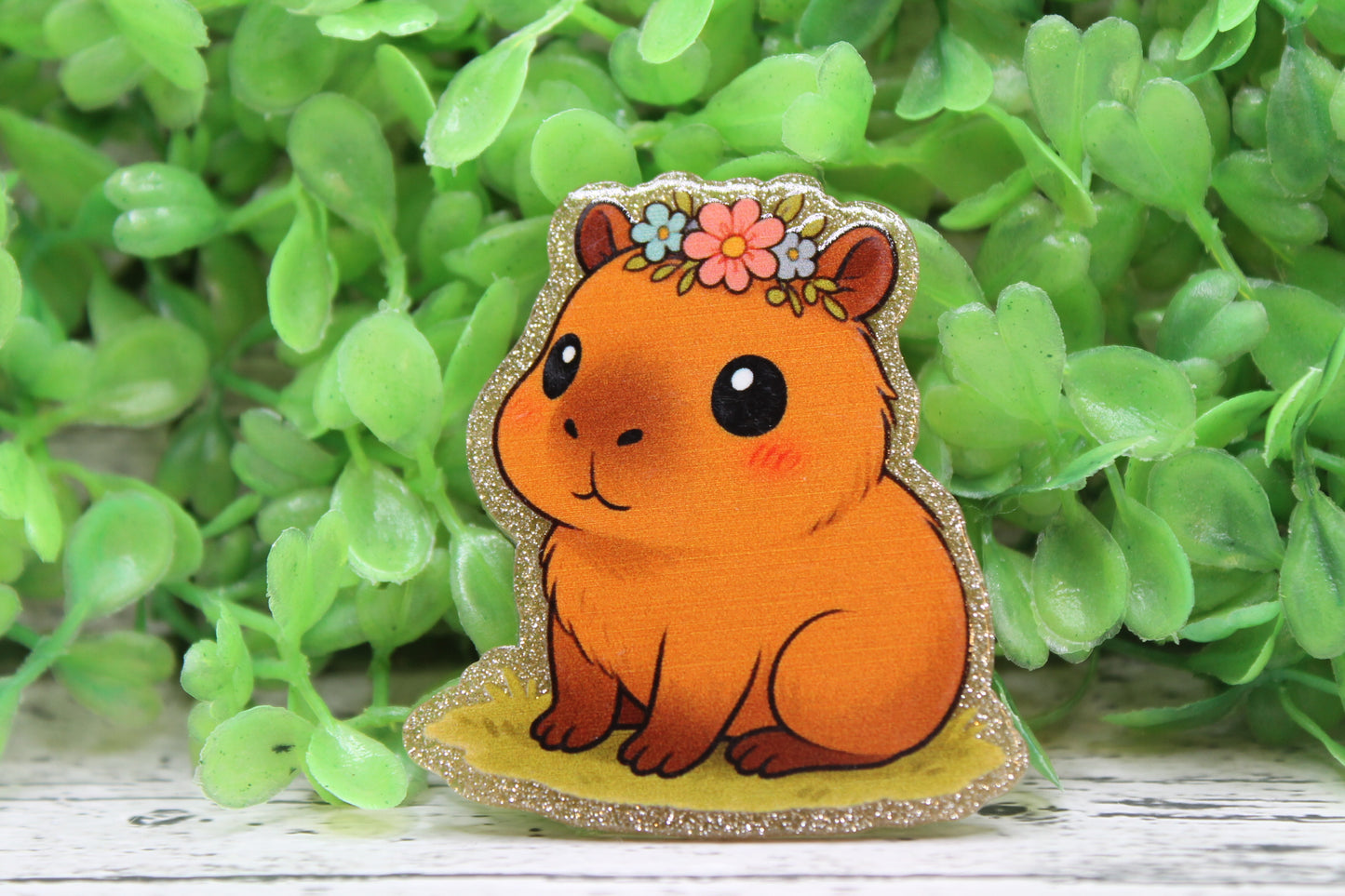 Floral Crown Capybara Badge Reel