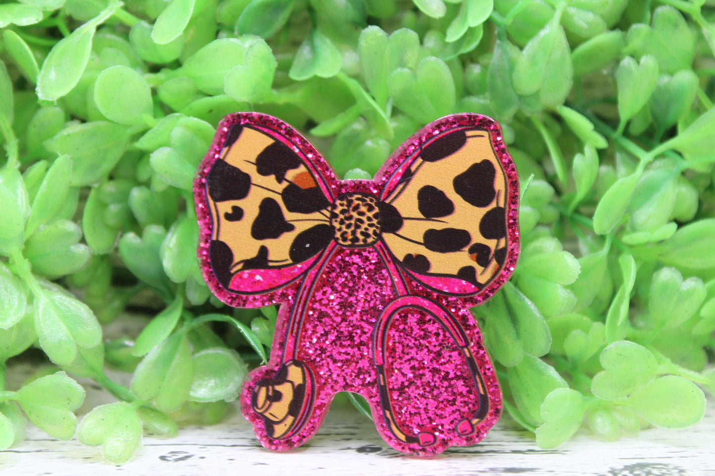 Leopard Bow Stethoscope on Pink Glitter Badge Reel