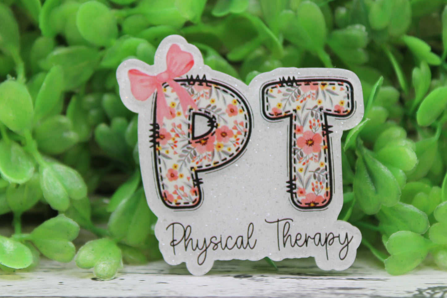 PT - Physical Therapy Pink Floral and Bow Badge Reel