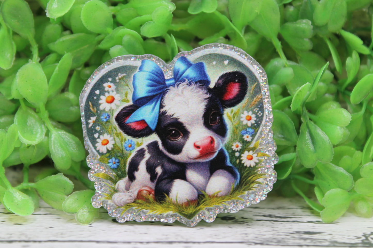 Cow with Blue Bow Floral Heart Badge Reel