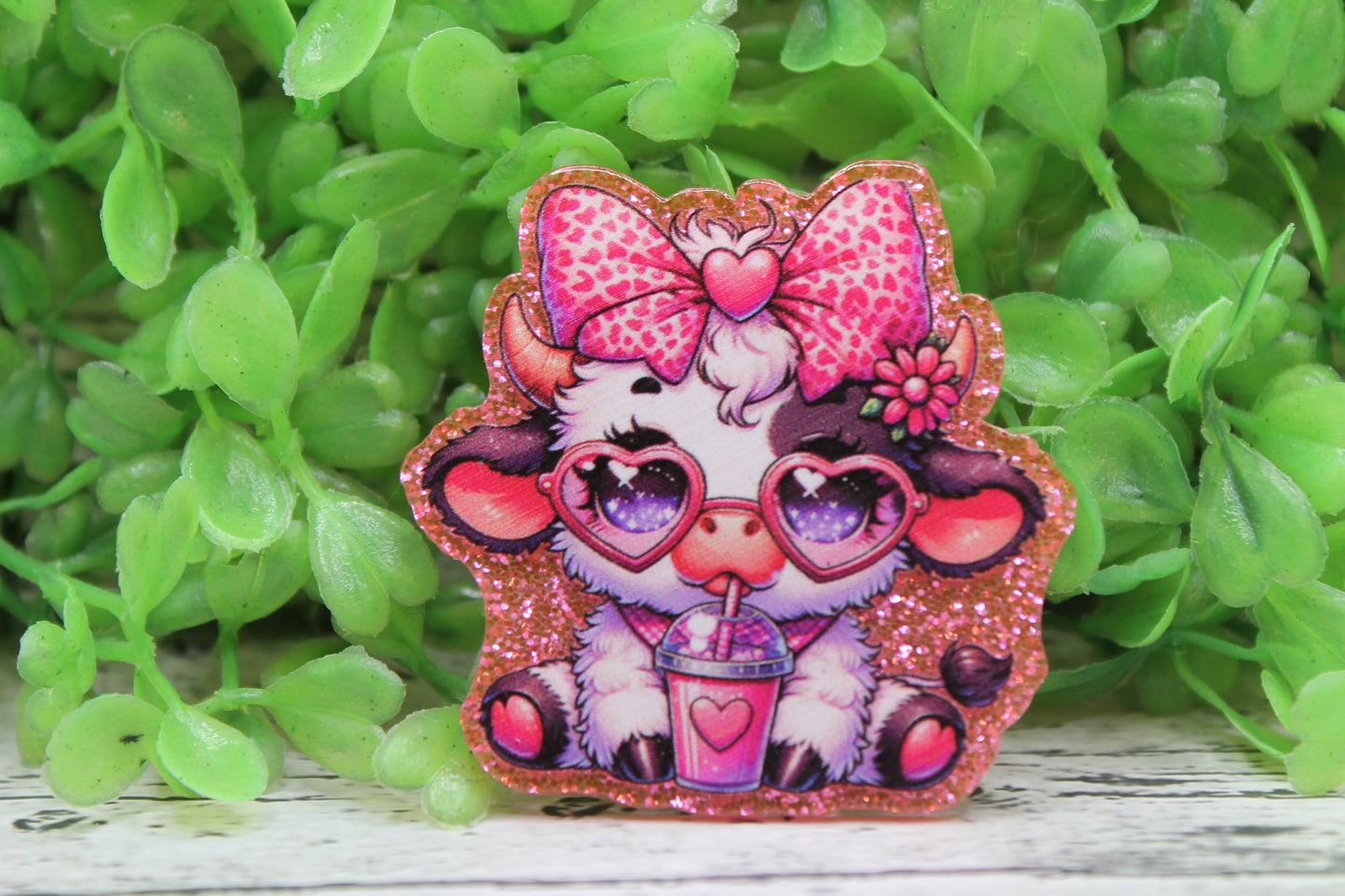 Cow with Heart Glasses and Drink Badge Reel