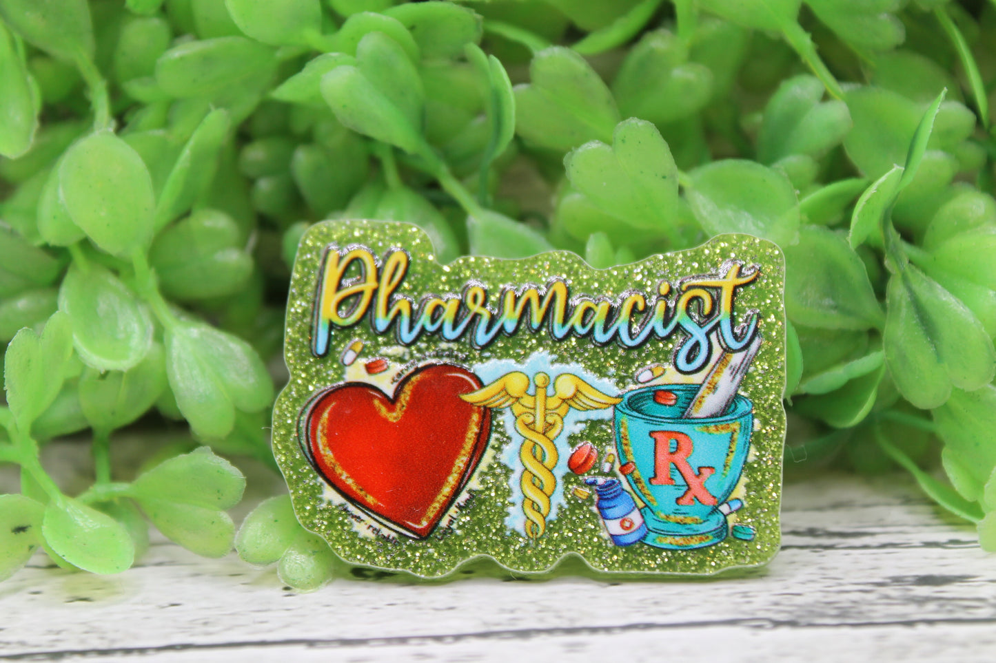 Pharmacist on Green Glitter Badge Reel