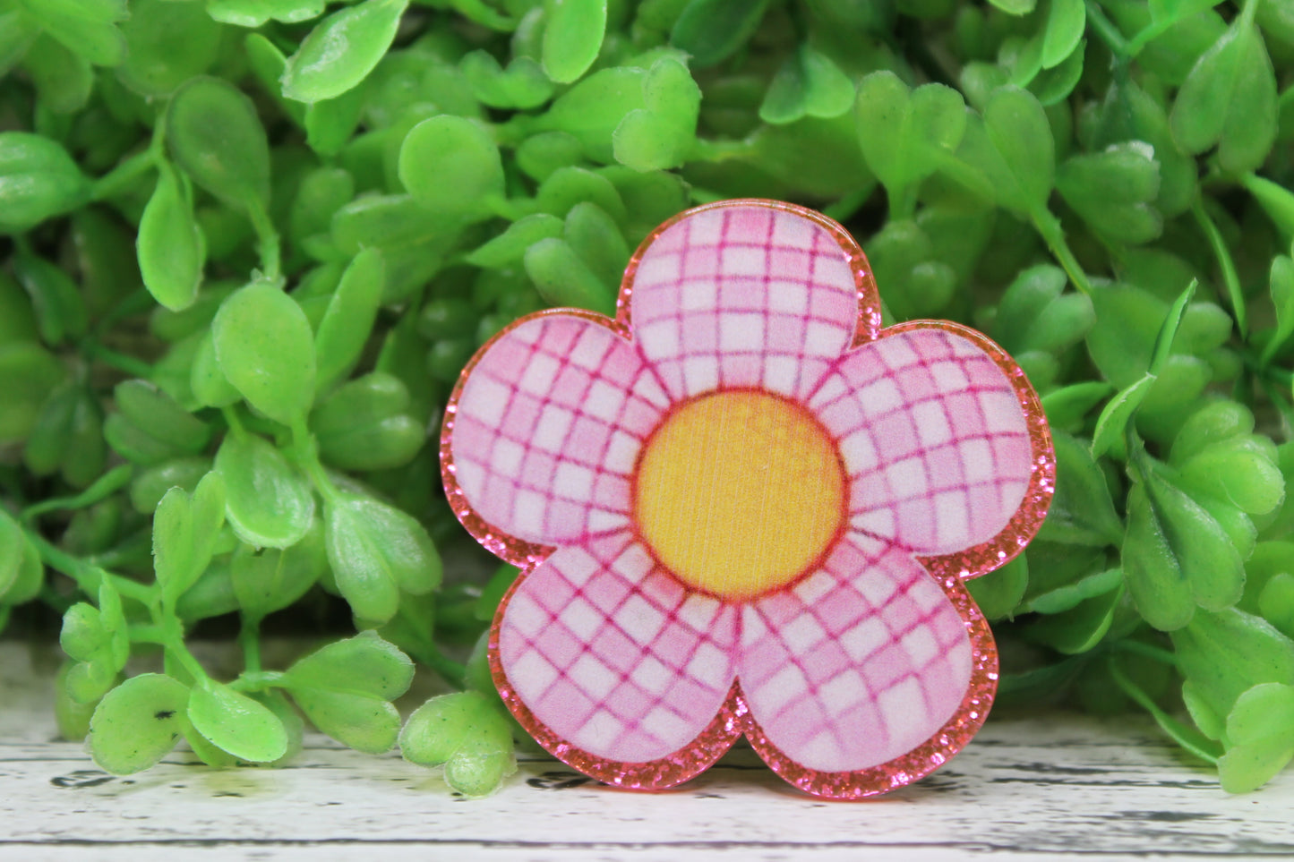 Pink Checkered Flower Badge Reel