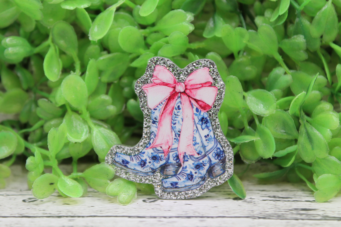 Blue & White Floral Boots with Pink Bow Badge Reel