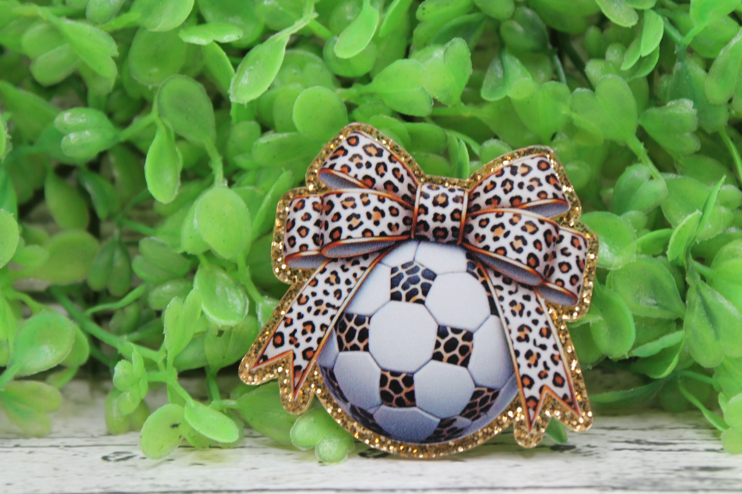 Soccer Ball with Leopard Bow Badge Reel