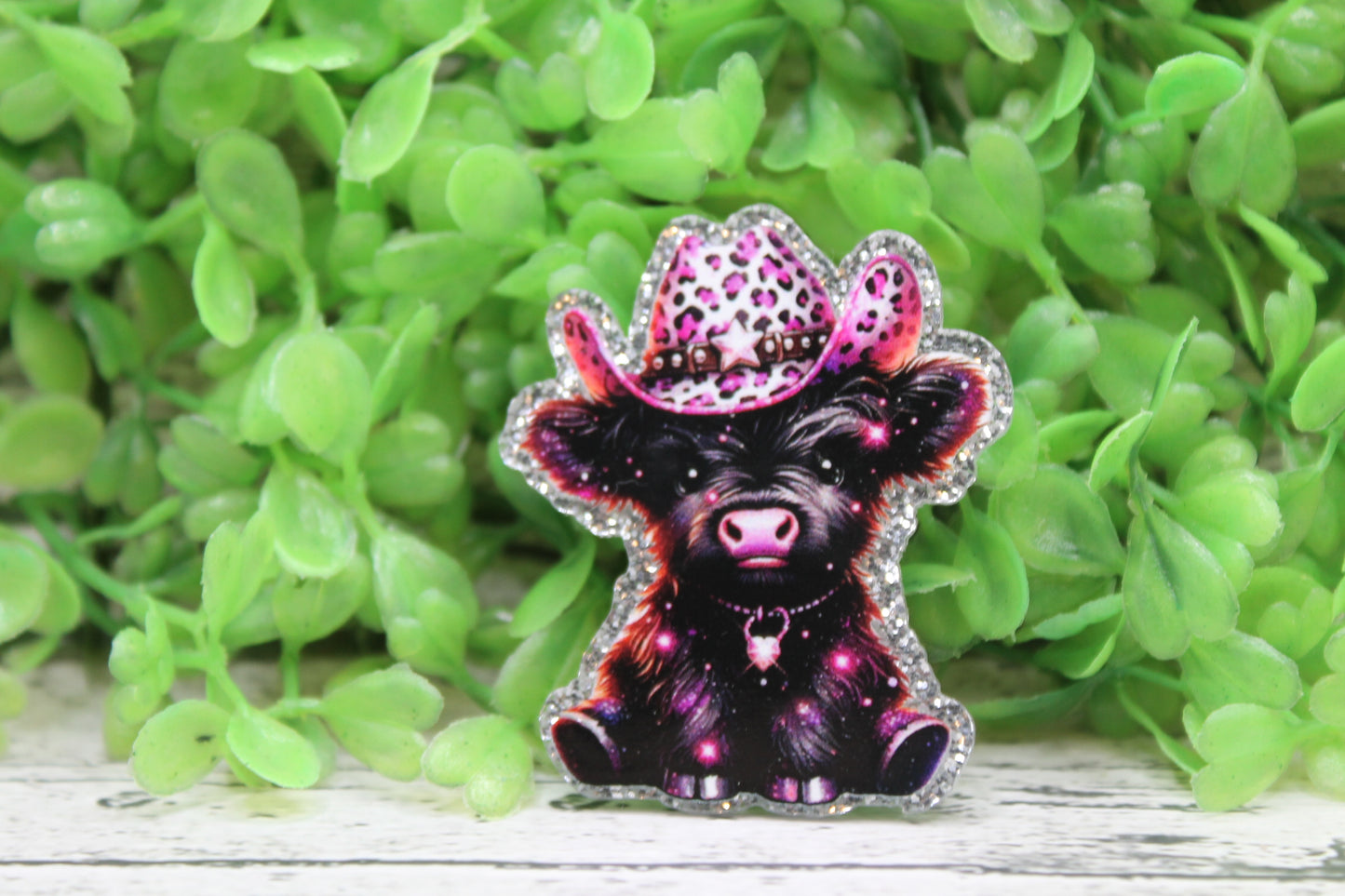 Cow with Pink Leopard Western Hat Badge Reel