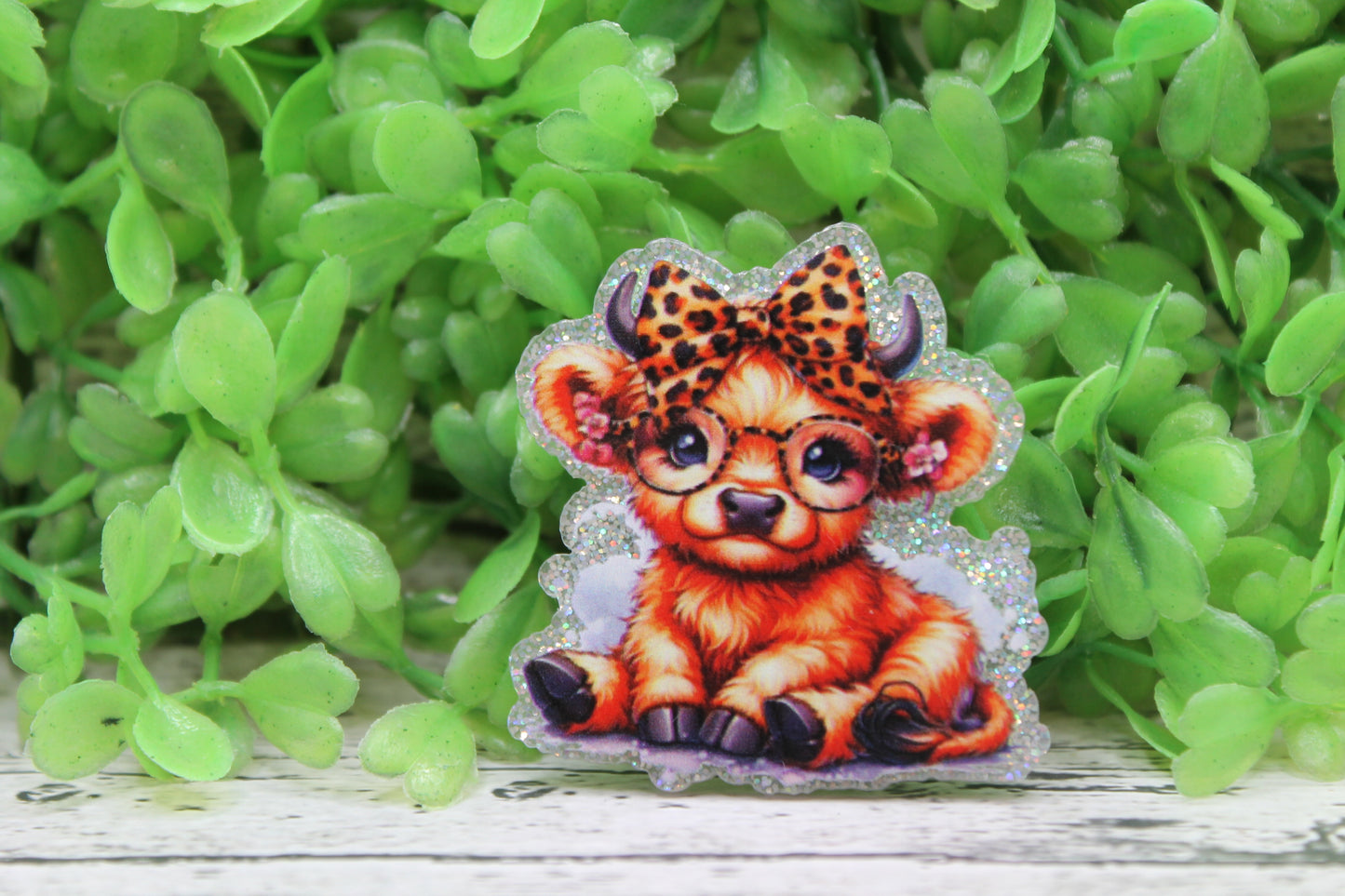 Cow with Glasses and Leopard Bow Badge Reel
