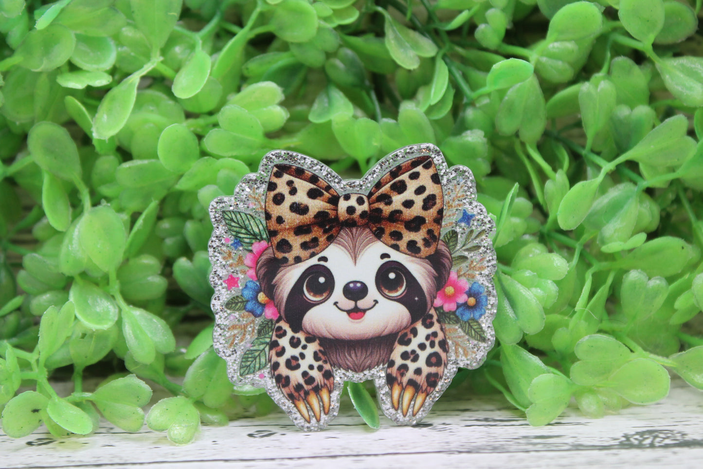 Sloth with Leopard Bow Badge Reel