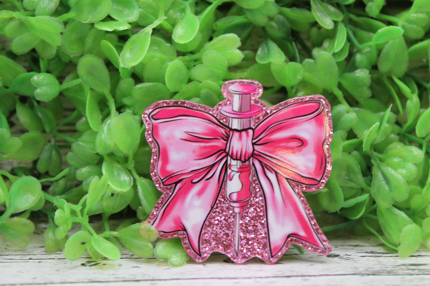 Pink Bow with Syringe Badge Reel
