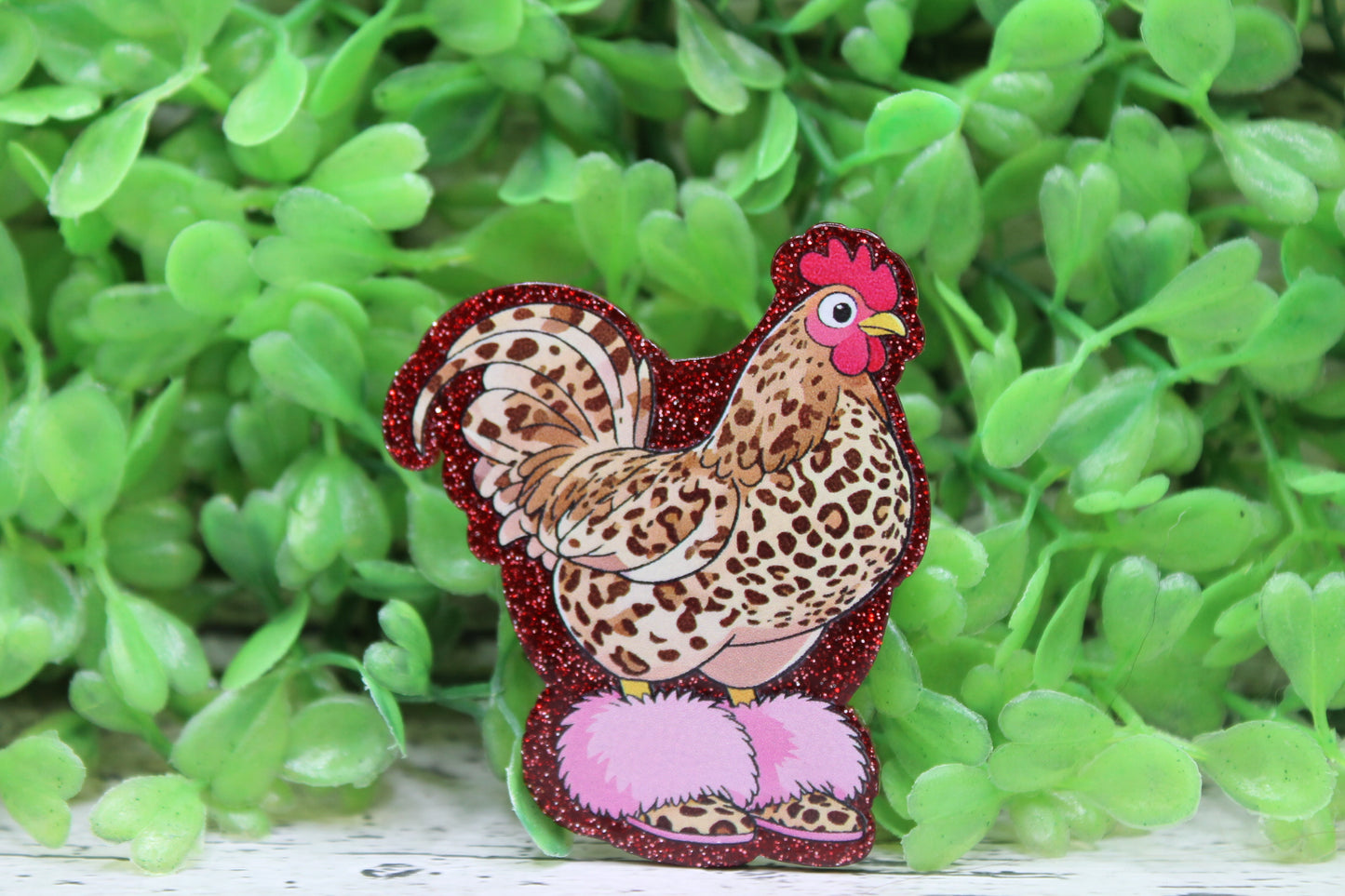 Leopard Chicken with Fluffy Slippers Badge Reel