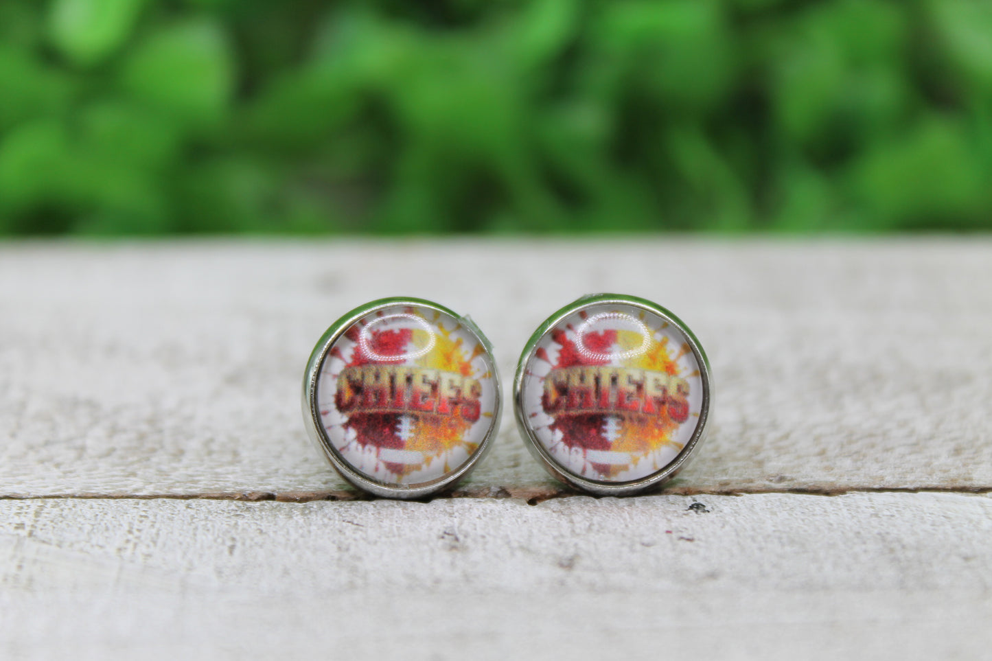 KC Chiefs Football Splatter Glass Stud Earrings