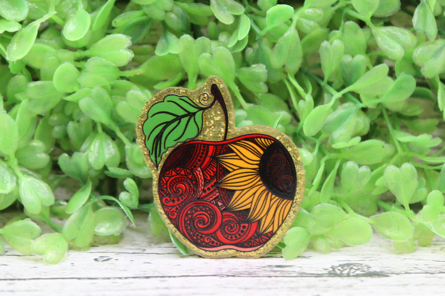 Red Apple with Sunflower Badge Reel