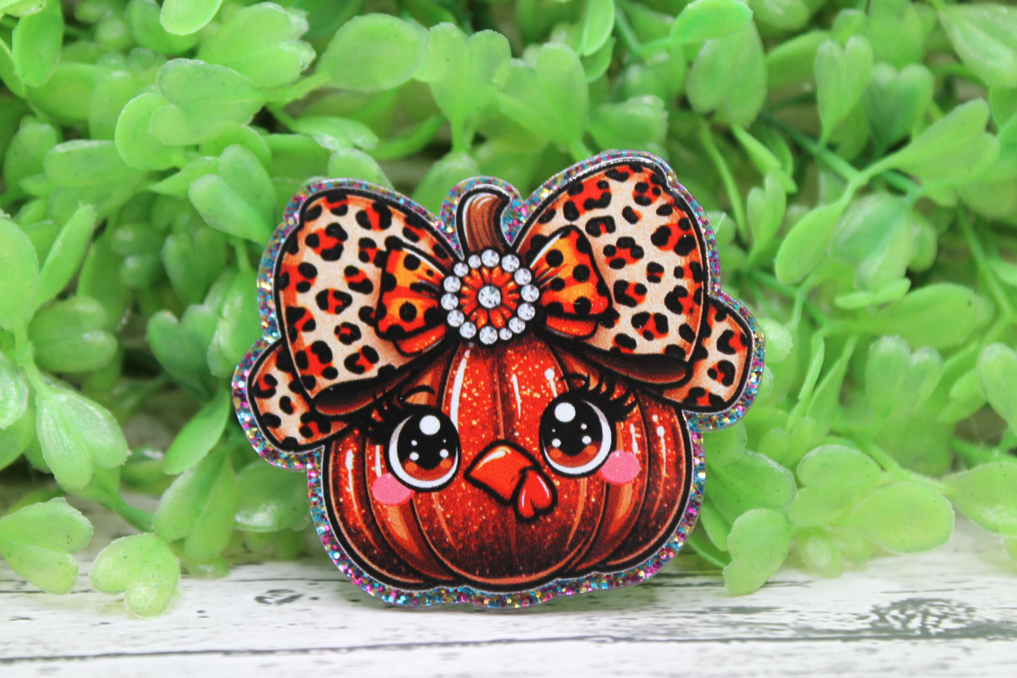 Leopard Bow Turkey Pumpkin Badge Reel