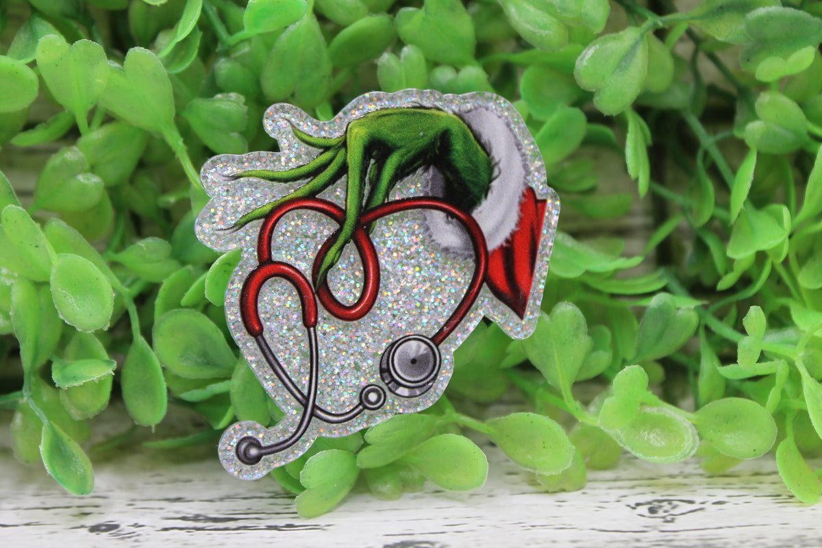 Stethoscope Heart Grinch Hand Badge Reel