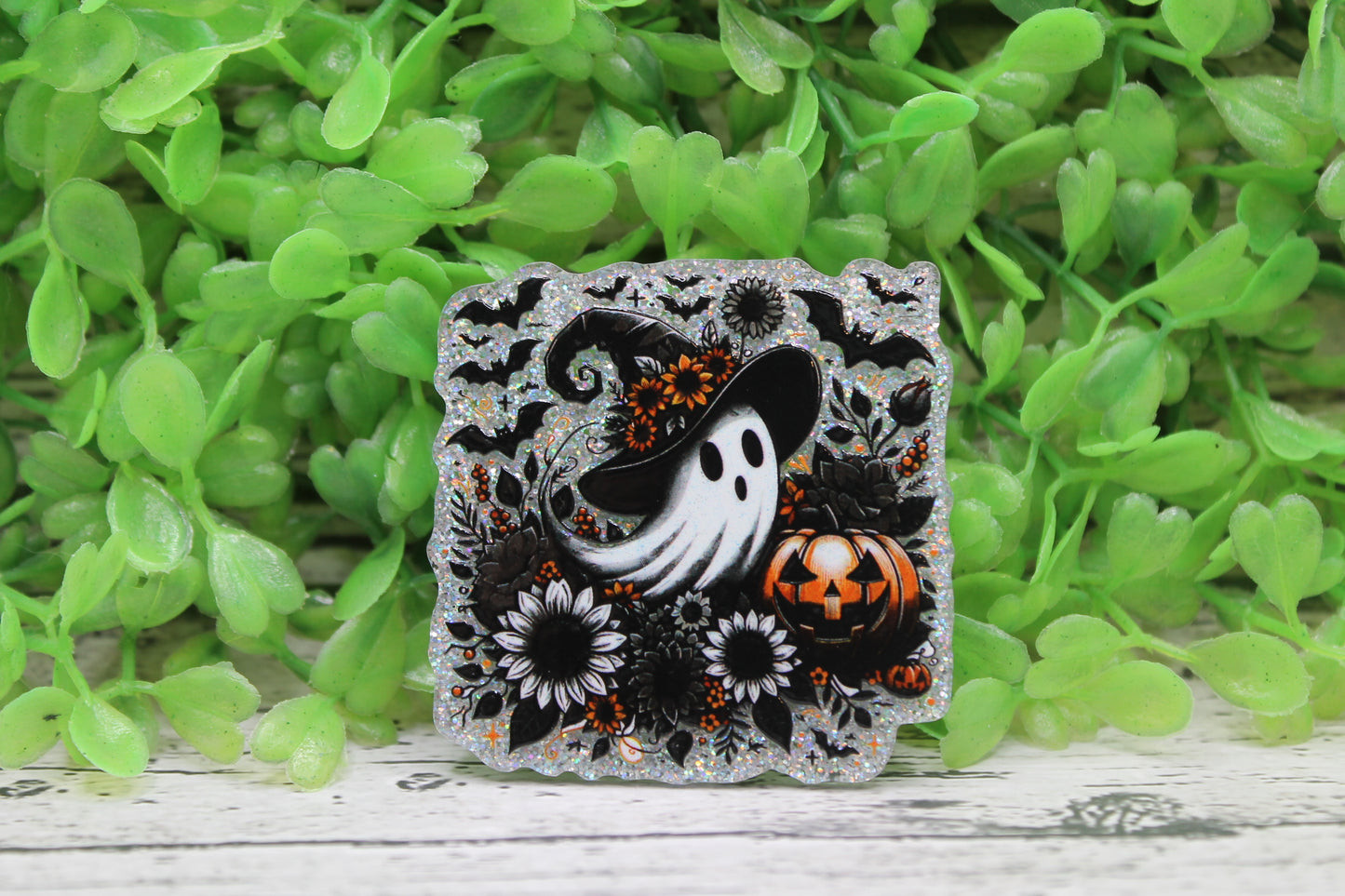 Ghost with Witch Hat & Bats Badge Reel