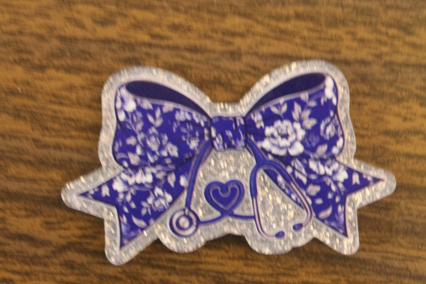 Blue Floral Bow Stethoscope Badge Reel