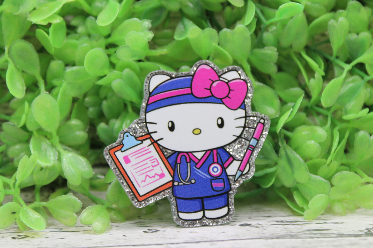 Nurse Cat in Purple Scrubs Badge Reel