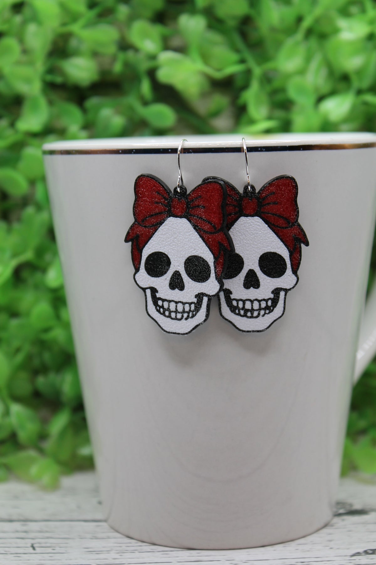 Skull with Red Bow Drop Earrings