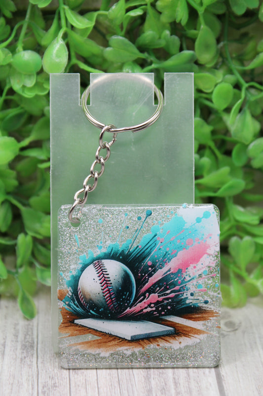 Baseball & Home Plate Splatter Teal and Pink Acrylic Keychain