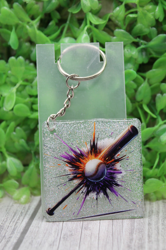 Baseball & Bat Splatter Orange and Purple Acrylic Keychain