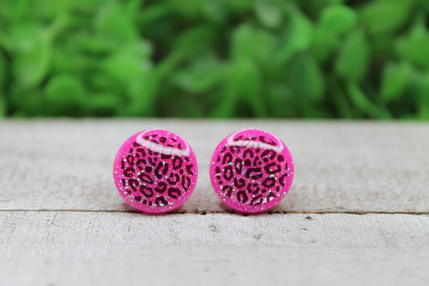Neon Pink Leopard Circle Stud Earrings