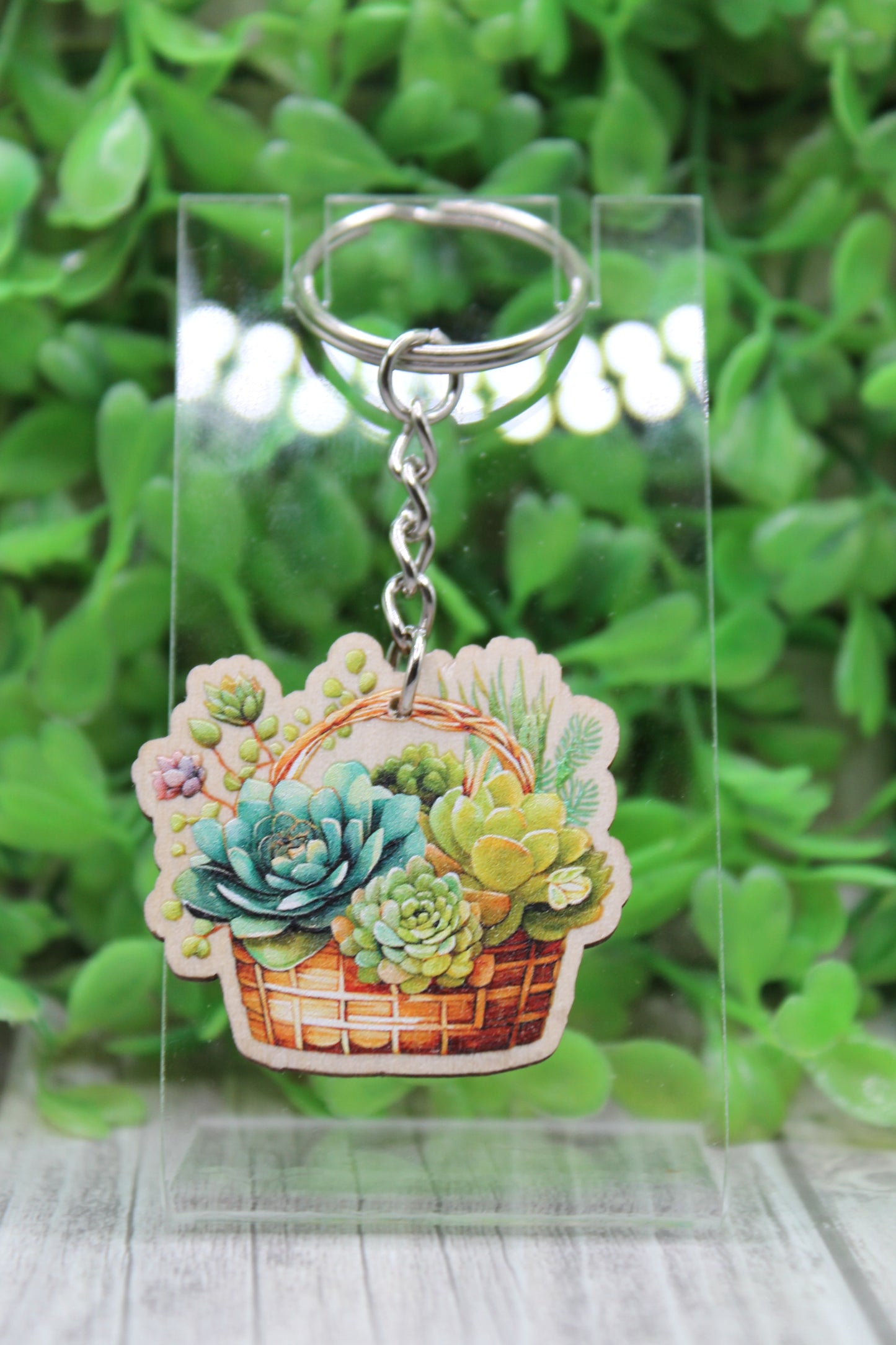 Succulent Basket Wooden Keychain