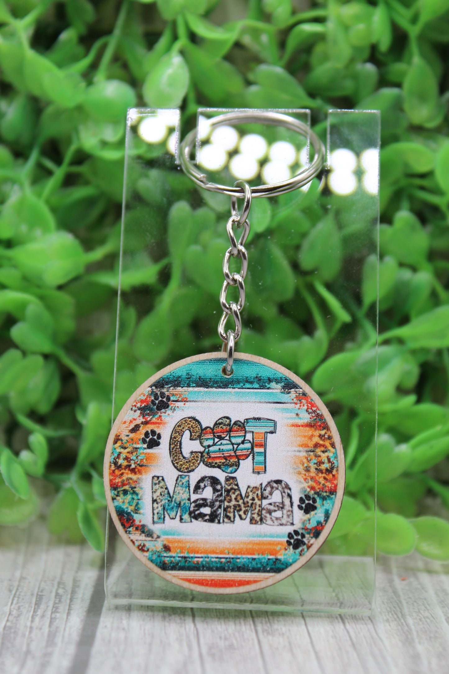 Cat Mama Serape Wooden Keychain