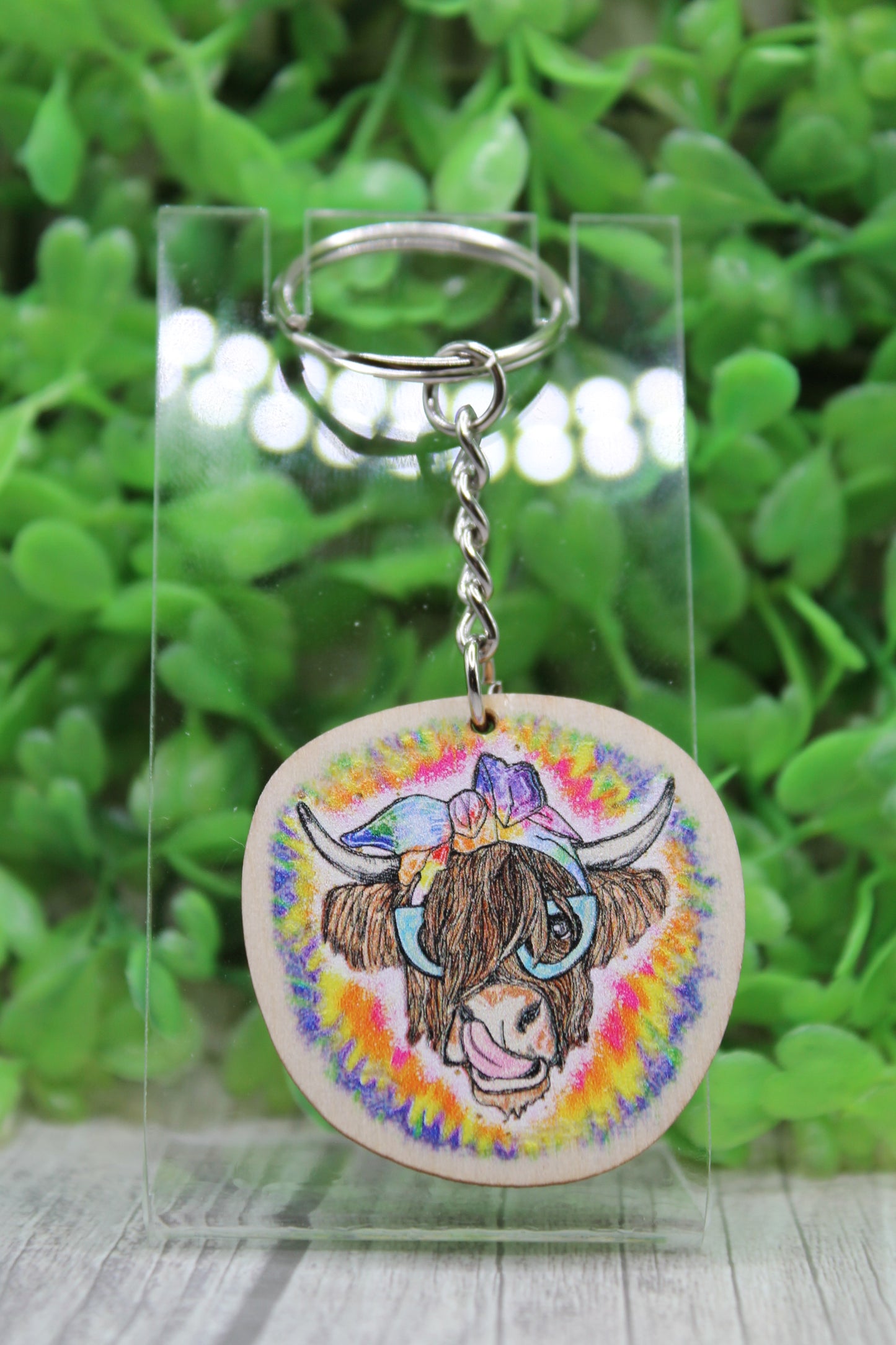 Tie Dye Highland Cow Wooden Keychain
