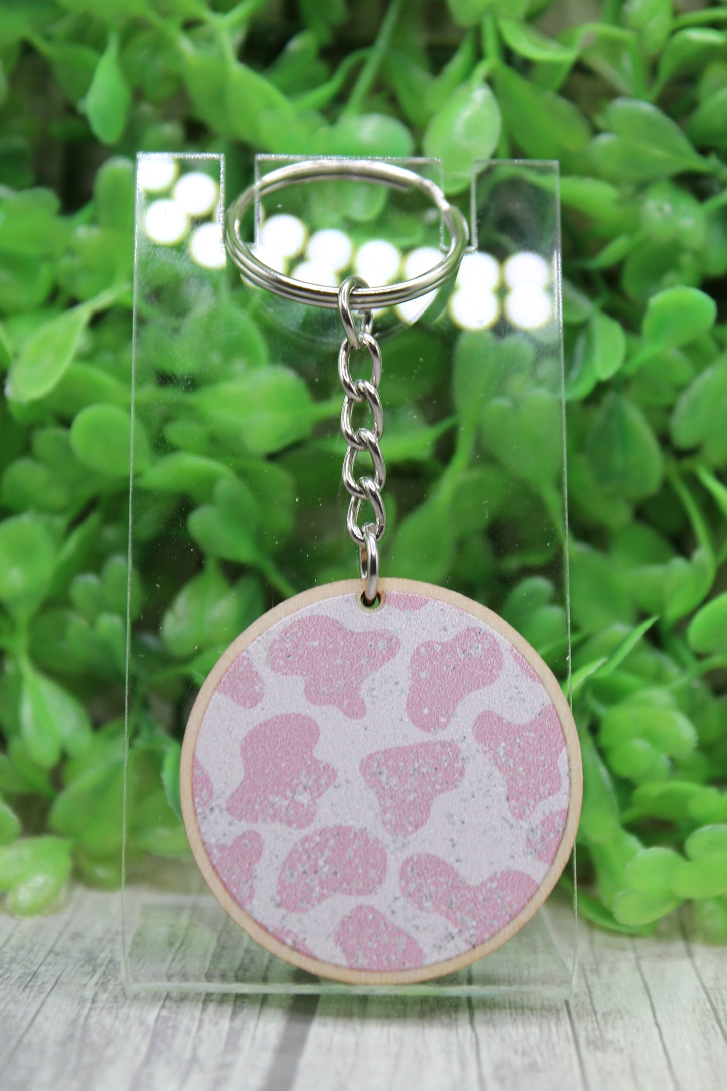 Pink Cow Print Wooden Keychain