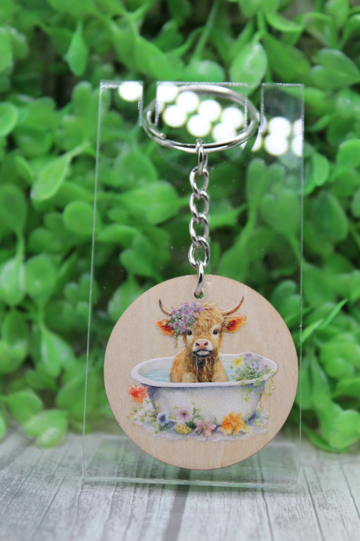Floral Highland Cow in Bath Wooden Keychain
