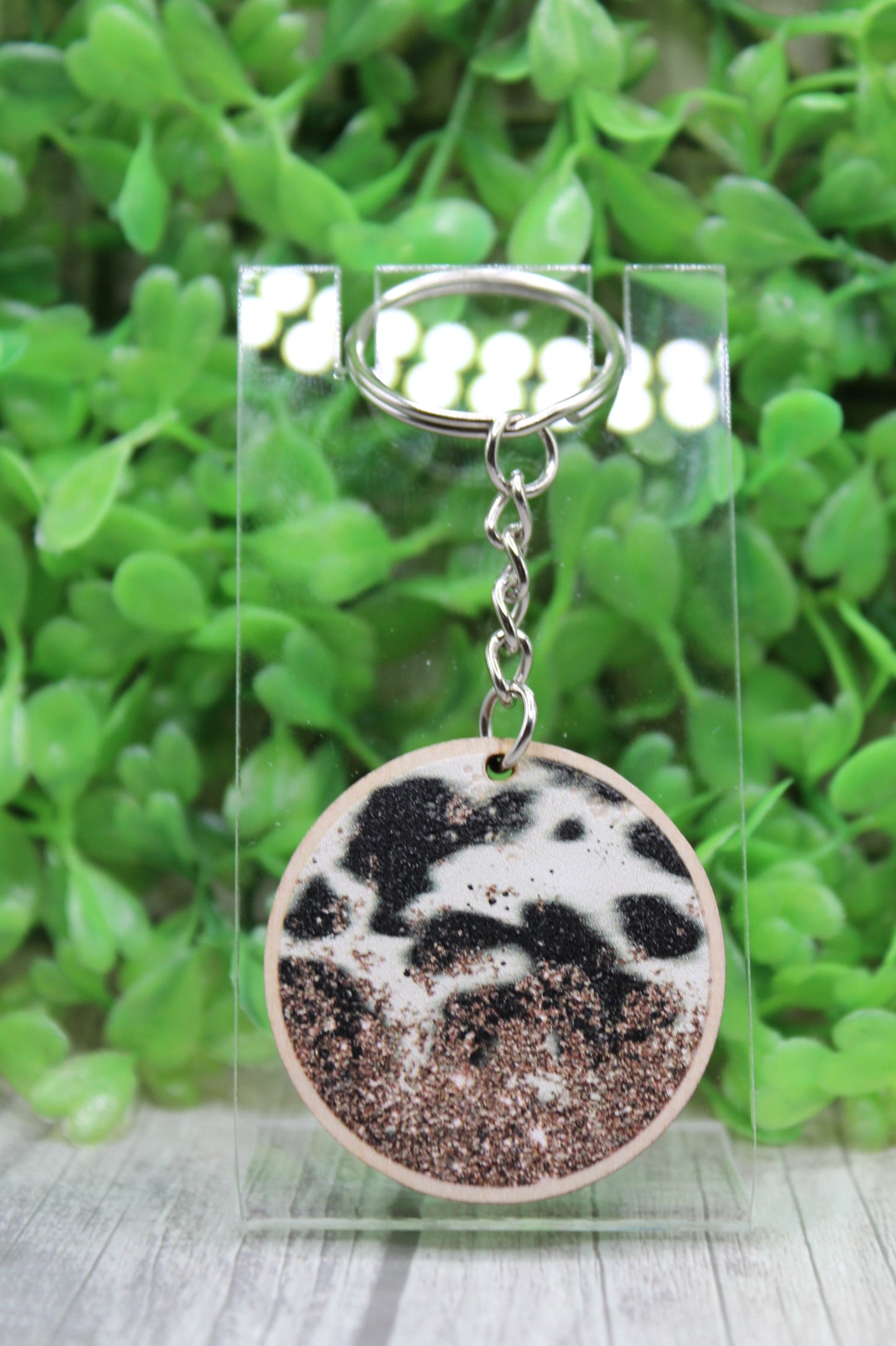 Cow Print & Brown Glitter Wooden Keychain